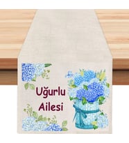 Kişiye Özel Mavi Çiçekler Yazılı Tasarımlı Runner, Runer, Masa Örtüsü, Sofranıza Zarafet Katın Runner (Krem)