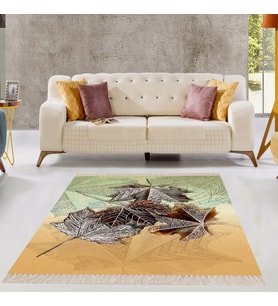 Yaprak Desenli Dijital Baskı Yıkanabilir Kaymaz Taban Modern Salon Halısı ve Yolluk (Bej)