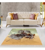 Yaprak Desenli Dijital Baskı Yıkanabilir Kaymaz Taban Modern Salon Halısı ve Yolluk (Bej)