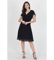 Neşeli butik kadın midi boy yeni sezon kruvaze yaka melek kol şifon elbise RY8081 (Siyah)