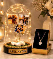 Kişiye Özel 3 Fotoğraflı LED Işıklı Fanus ve Altın Kaplama Pembe Taşlı Kalp Kadın Kolye Hediye Seti (HA1)