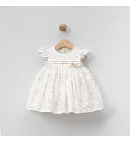 YAZLIK ÇİÇEK BASKILI OMUZLARI FIRFIRLI BEBE KIZ ELBİSE (Bej)