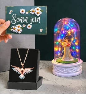 Premium Hediye Seti Renkli Anka Kuşu Kolye ve Renkli Işıklı Melekli Fanus