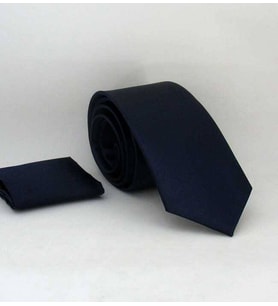 Lacivert Slim Fit (ince) Düz Renk Mendilli Saten Kravat - SS-24 (Renksiz)