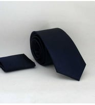 Lacivert Slim Fit (ince) Düz Renk Mendilli Saten Kravat - SS-24 (Renksiz)