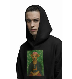 Frida Kahlo Esintili Köpek Baskılı Siyah Hoodie – 3 İplik Şardonlu Unisex Kapüşonlu Sweatshirt