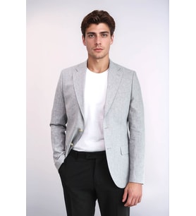Gri Keten Dokulu Gold Renk Metal Düğmeli Slim Fit Erkek Blazer Ceket - Wessi
