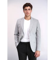 Gri Keten Dokulu Gold Renk Metal Düğmeli Slim Fit Erkek Blazer Ceket - Wessi