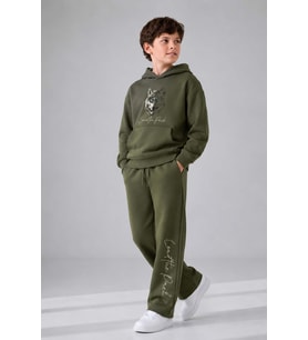 Erkek Çocuk Önü ve Arkası Kurt Çizim Baskılı Kapüşonlu Sweatshirt Yeşil Eşofman