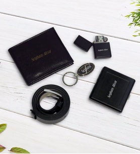 BK Gift Kişiye Özel Cüzdan&Kemer&Çakmak&Tabaka&Anahtarlık Hediye Seti (Siyah)