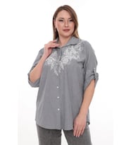 Büyük Beden %100 Cotton Nakış Detaylı Çizgili Gömlek Şık ve Rahat