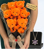 Kişiye Özel Büyük Boy 7'li Tasarım Peluş Ayıcık Buketi ve Gerçek Ametist Taşlı Lotus Kolye (Model 4)