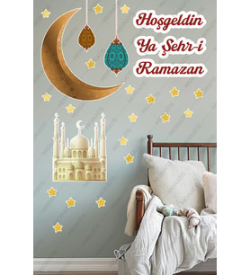 Hoşgeldin Ya Şehr-i Ramazan Cami Hilal Ramazan Ayı Temalı Sticker Seti Cam Duvar Süsleri Çocuk Odası