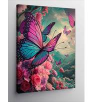 Kanvas Tablo Pembe Kelebekler Ve Çiçekler