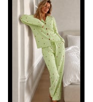 Night Kadın Puantiyeli Uzun Kollu Düğmeli Pijama Takımı