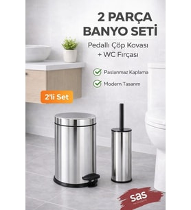 Pedallı 8 Lt Paslanmaz Metal Çöp Kovası ve Tuvalet Fırçası, 2’li Banyo ve WC Seti – Krom Titan 7108