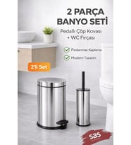Pedallı 8 Lt Paslanmaz Metal Çöp Kovası ve Tuvalet Fırçası, 2’li Banyo ve WC Seti – Krom Titan 7108