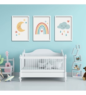 3'lü Ahşap Lamine Çerçeveli Mdf Kız Bebek Odası Unicorn Tablo (Beyaz)