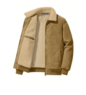 Ghassy Co. Erkek Peluş Astarlı Gömlek Yaka Tam Fermuar Rüzgar Geçirmez Kadife Mont (Camel)
