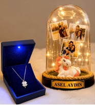 Kişiye Özel 3 Fotoğraflı Yazılı LED Fanus(unicorn) ve 925 Ayar Gümüş Kalpli Yonca Kolye