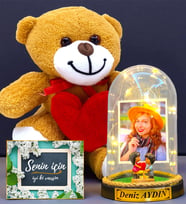 Kişiye Özel Premium Hediye Seti  Led Işıklı Fanus ve Kalpli Peluş Ayıcık (Model 6)