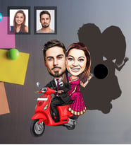 Kişiye Özel Vespa Motorcu Sevgili Karikatürlü Ahşap Magnet Mod-3