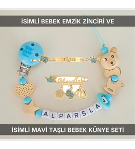 Sahi Aksesuar İsimli Bebek Emzik Zinciri ve İsimli Bebek Künye Seti BEZYI778