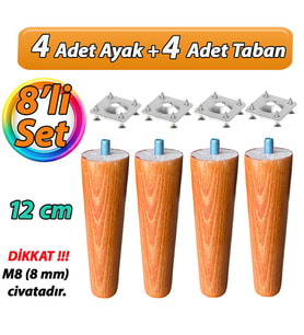 Ahşap Ayak 12 Cm 8'li Set Açık Meşe M8 Civatalı Bağlantı Aparatlı Dolap Mobilya Koltuk Kanepe Destek Ayağı Ayakları