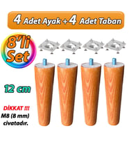 Ahşap Ayak 12 Cm 8'li Set Açık Meşe M8 Civatalı Bağlantı Aparatlı Dolap Mobilya Koltuk Kanepe Destek Ayağı Ayakları