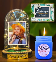 Kişiye Özel Led Işıklı Fanus ve Renkli Mis Kokulu Mum Hediye Seti DN1 (Model 4)