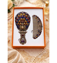 Osmanlı Vintage Tavus Kuşu Desenli El Aynası & Tarak Seti – Antik Gümüş Tonlu Hediyelik Set (Ekru - Kahverengi)