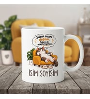 Kişiye Özel İsimli Espyili Kedi Tasarımlı Kupa Bardak - Sabah İnsanı Değilim
