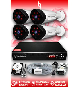 BAYICAM 4 Kameralı Uzay 4 Dış Kamera Set 320 GB HDD Full HD Gece Görüşlü Güvenlik Kamerası Sistemi (Beyaz)