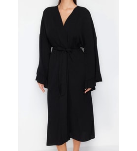 Moda Dokuma Regular Kalıp Uzun V Yaka Normal Kol Flamlı Pamuk Eteği Fırfırlı Düz Desen Kimono Kaftan