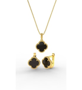 925 Ayar Oniks Taşlı Gold Van Cleef Yonca Kolye Küpe 2'li Gümüş Set-Takım