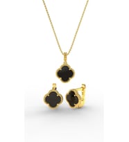 925 Ayar Oniks Taşlı Gold Van Cleef Yonca Kolye Küpe 2'li Gümüş Set-Takım