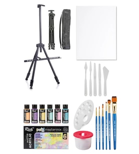 Rich Mastermix Akrilik Boya Seti 6 Pastel Renk 3 Ayaklı Metal Şövale 35x50 Tuval Plastik Spatül Seti