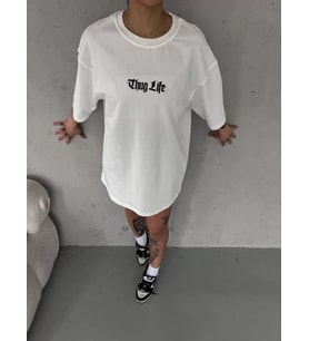 pilelistore- Unisex Bisiklet Yaka Baskılı Oversize T-Shirt - Beyaz