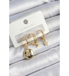 Pirinç Zirkon Taşlı Yıldız Ve Ay Model Gold Renk 3'lü Çift Kadın Küpe Set