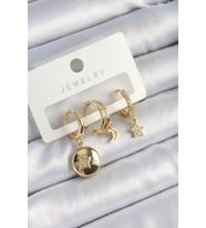 Pirinç Zirkon Taşlı Yıldız Ve Ay Model Gold Renk 3'lü Çift Kadın Küpe Set