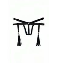 Deri İç Giyim Püsküllü Tanga Harness - APFT439 (Siyah)