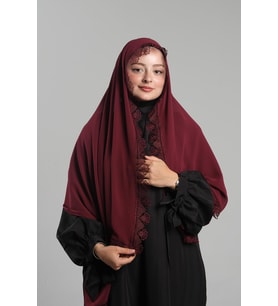 Bordo Namaz Başörtüsü Şal Şifon Güpürlü 202106_16