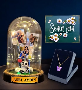 Sizlere Özel Hazırlanacak Hediye Seti, İsimli 3 Fotoğraflı Led Işıklı Fanus ve Kelebek Kolye (Model 7)