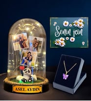 Sizlere Özel Hazırlanacak Hediye Seti, İsimli 3 Fotoğraflı Led Işıklı Fanus ve Kelebek Kolye (Model 7)