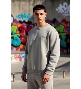Erkek Bisiklet Yaka Düşük Kol Oversize Slogan Nakışlı Diagonal Sweatshirt Fonksiyonel Spor