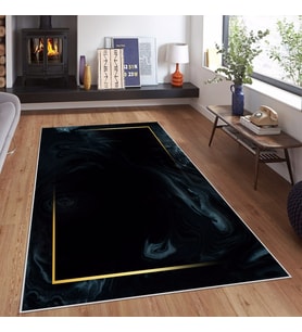 Siyah Zemin Gold Şerit Desenli Yıkanabilir Kaymaz Taban Leke Tutmaz Modern Salon Halısı ve Yolluk