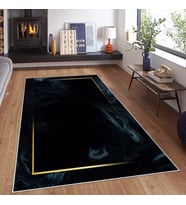 Siyah Zemin Gold Şerit Desenli Yıkanabilir Kaymaz Taban Leke Tutmaz Modern Salon Halısı ve Yolluk