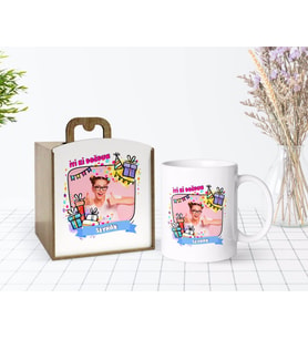BK Gift Kişiye Özel Ahşap Kutuda Fotoğraflı Doğum Günü Tasarımlı Beyaz Kupa Bardak-3