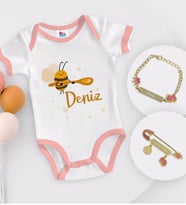 BK Kids Kişiye Özel İsimli Pembe Bebek Body Zıbın Kız Bebek Künyesi ve İğnesi Hediye Seti-35