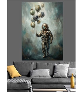 Gökyüzünde Balon Tutan Astronot Tablosu Dekoratif Kanvas - Mdf Ahşap Tablo